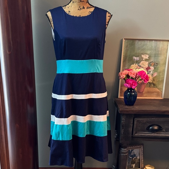 Anne Klein Navy and Teal Colorblock Midi Dress. Size 8. - Picture 1 of 13